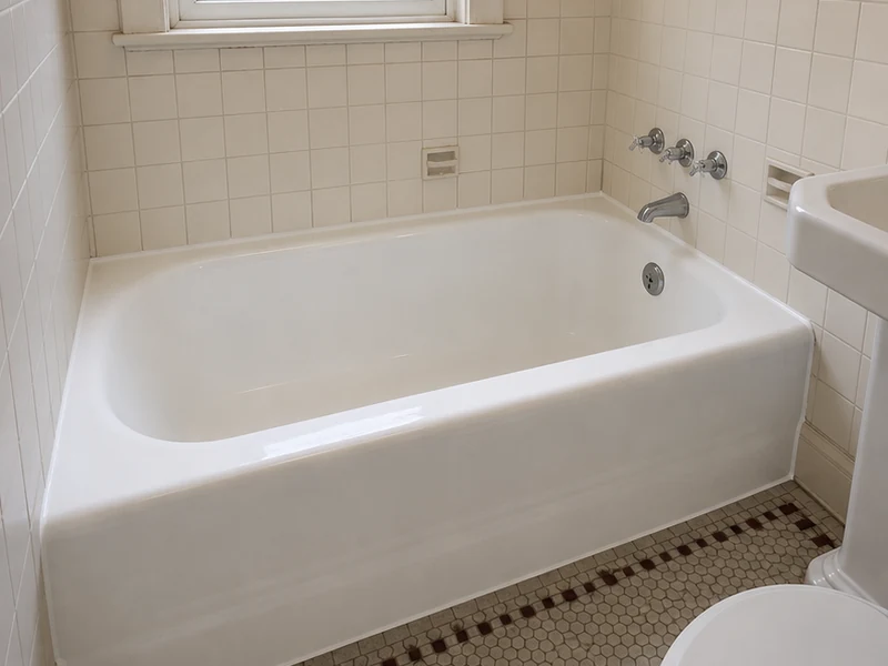 Glossy white reglazed cast-iron bathtub after refinishing in a Rose Garden home, San Jose