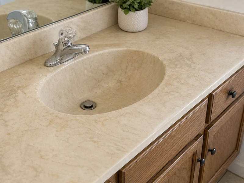 Yellowed, etched cultured-marble vanity countertop before refinishing in a Cambrian Park home, San Jose