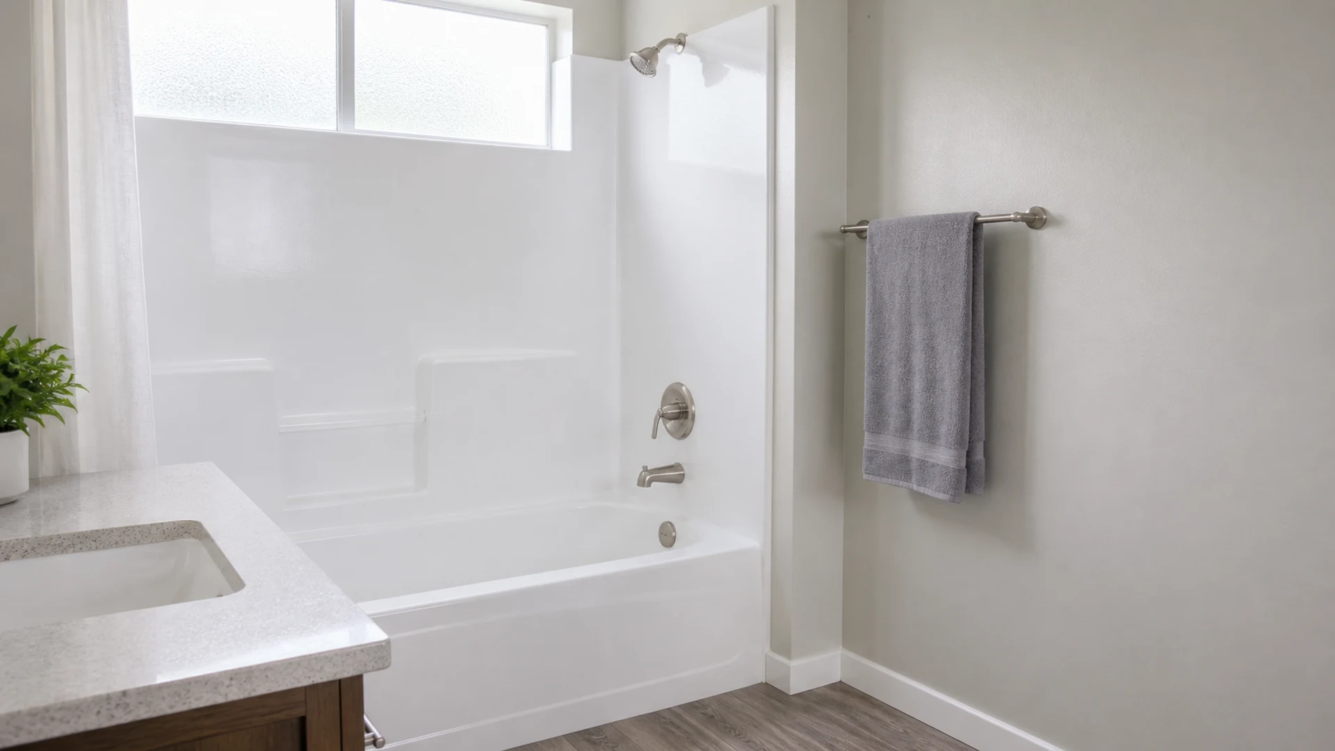 Refinished glossy white fiberglass tub-and-shower combo in a Berryessa apartment, San Jose