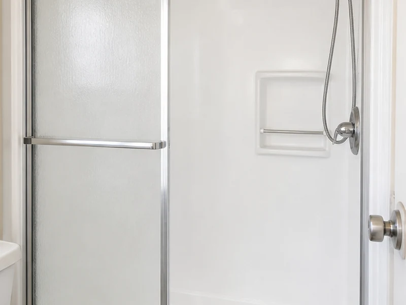 Freshly refinished white fiberglass tub-and-shower unit in a San Jose rental