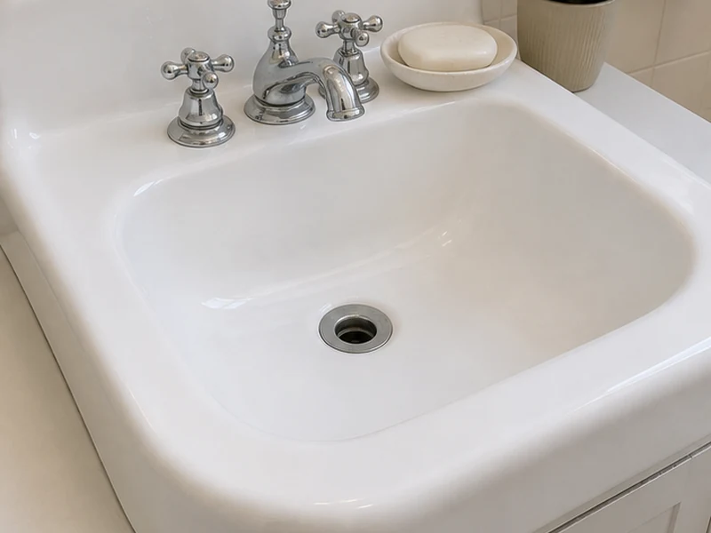 Freshly reglazed glossy white porcelain bathroom sink in a San Jose home