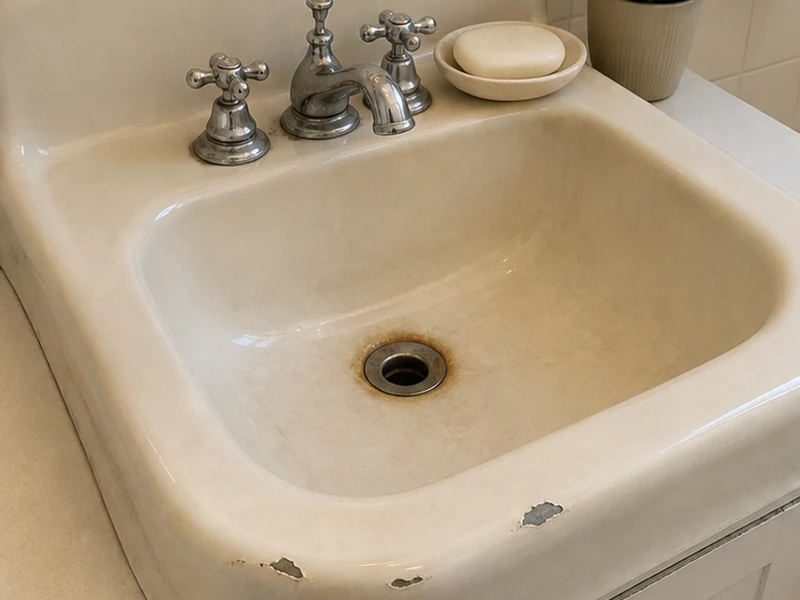 Chipped almond porcelain sink with a rust ring before reglazing in a Naglee Park home, San Jose