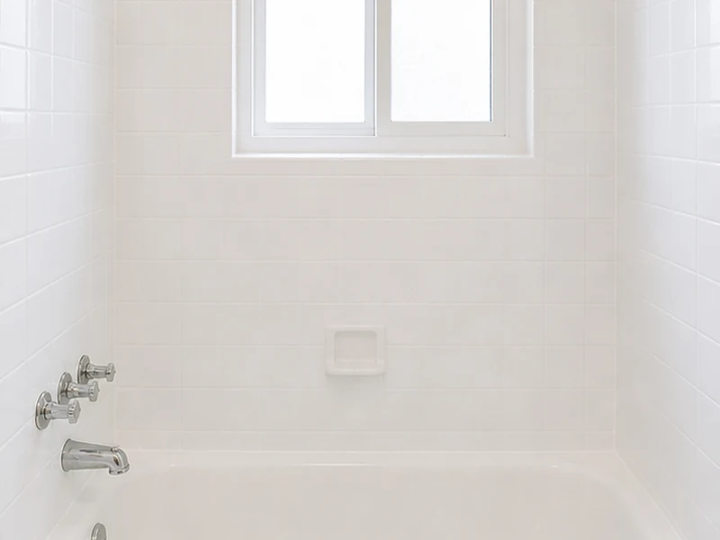 Reglazed clean white bathroom tile surround after refinishing in an Almaden Valley home, San Jose