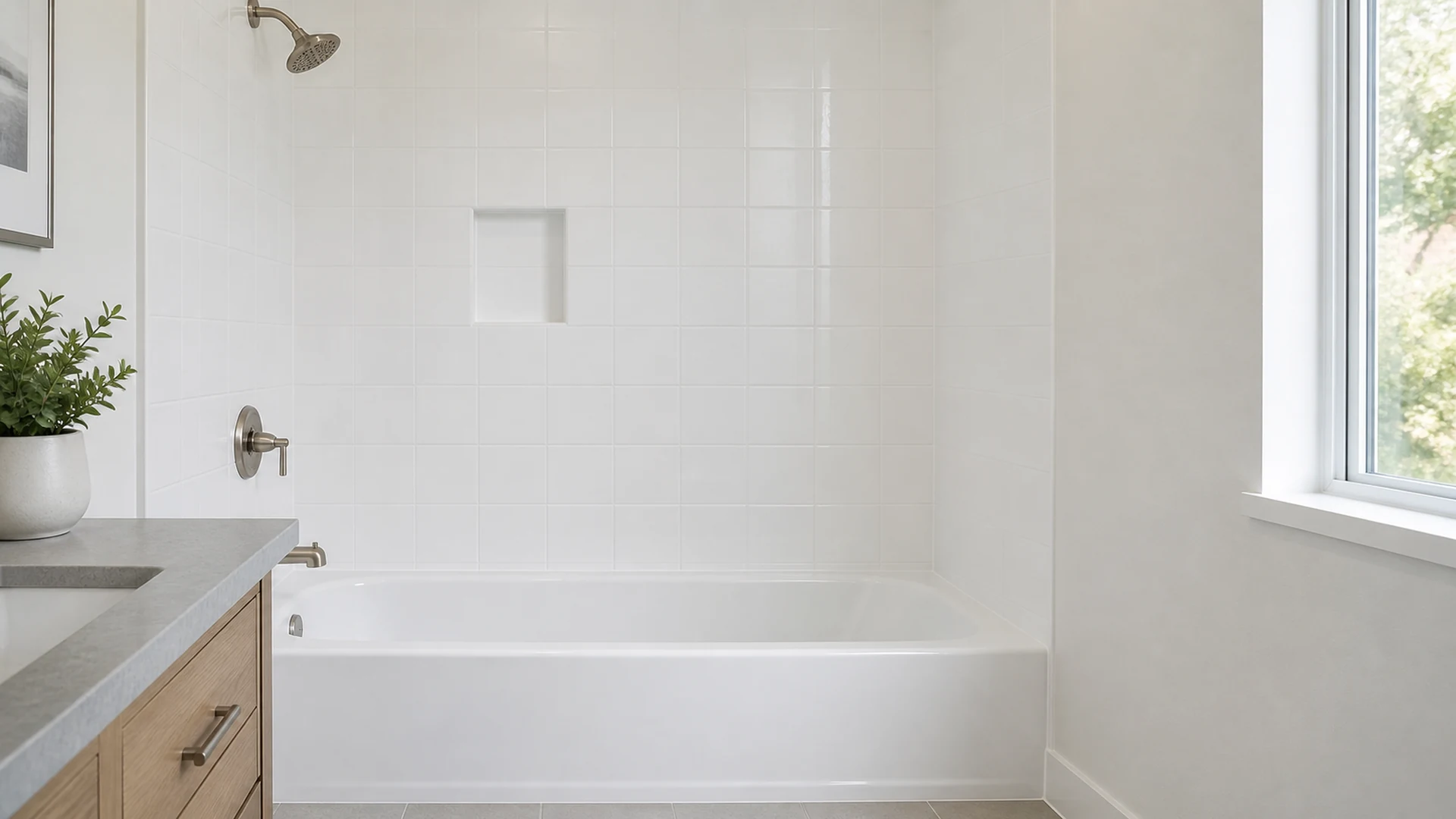 Freshly reglazed white bathroom tile surround in a bright San Jose home